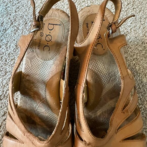 BOC Floral Print Tan Leather Cork Wedge Sandals Size 10 w/ Buckle Ankle Strap - Picture 8 of 10